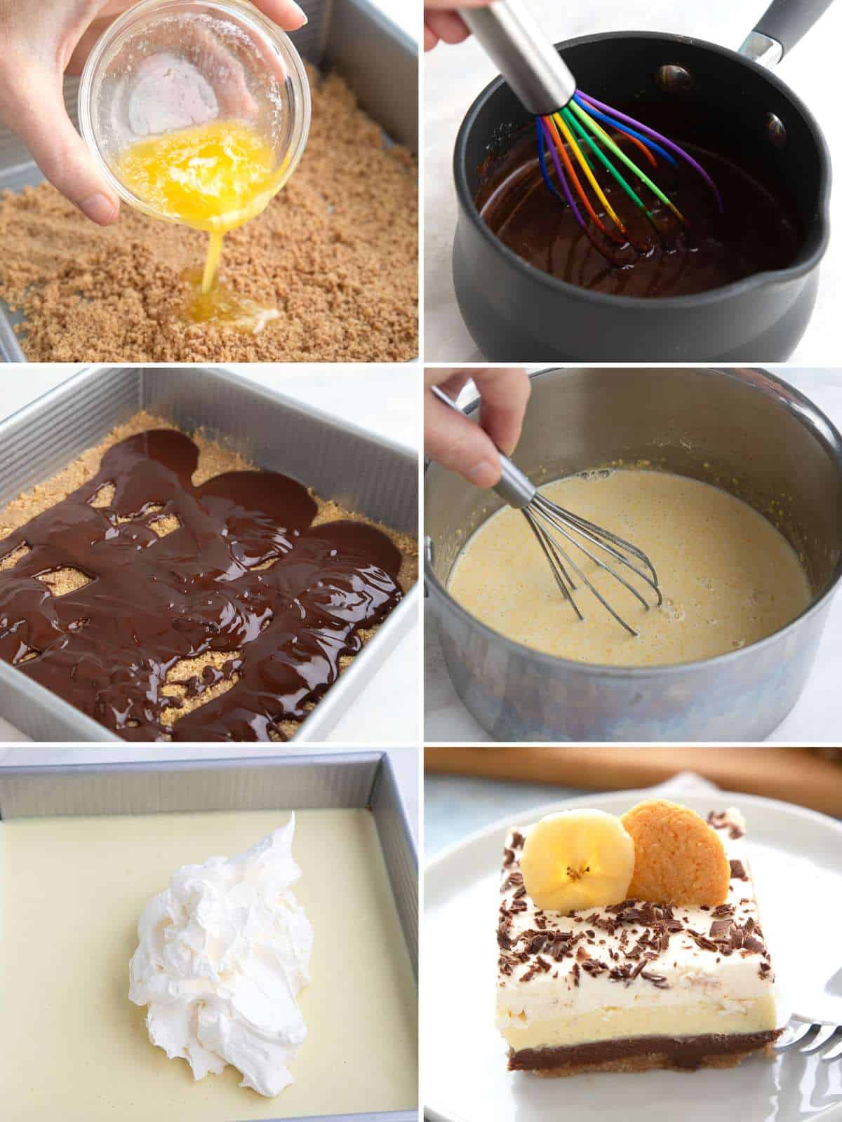 A collage of 6 images showing how to make Keto Banana Cream Pie Bars.