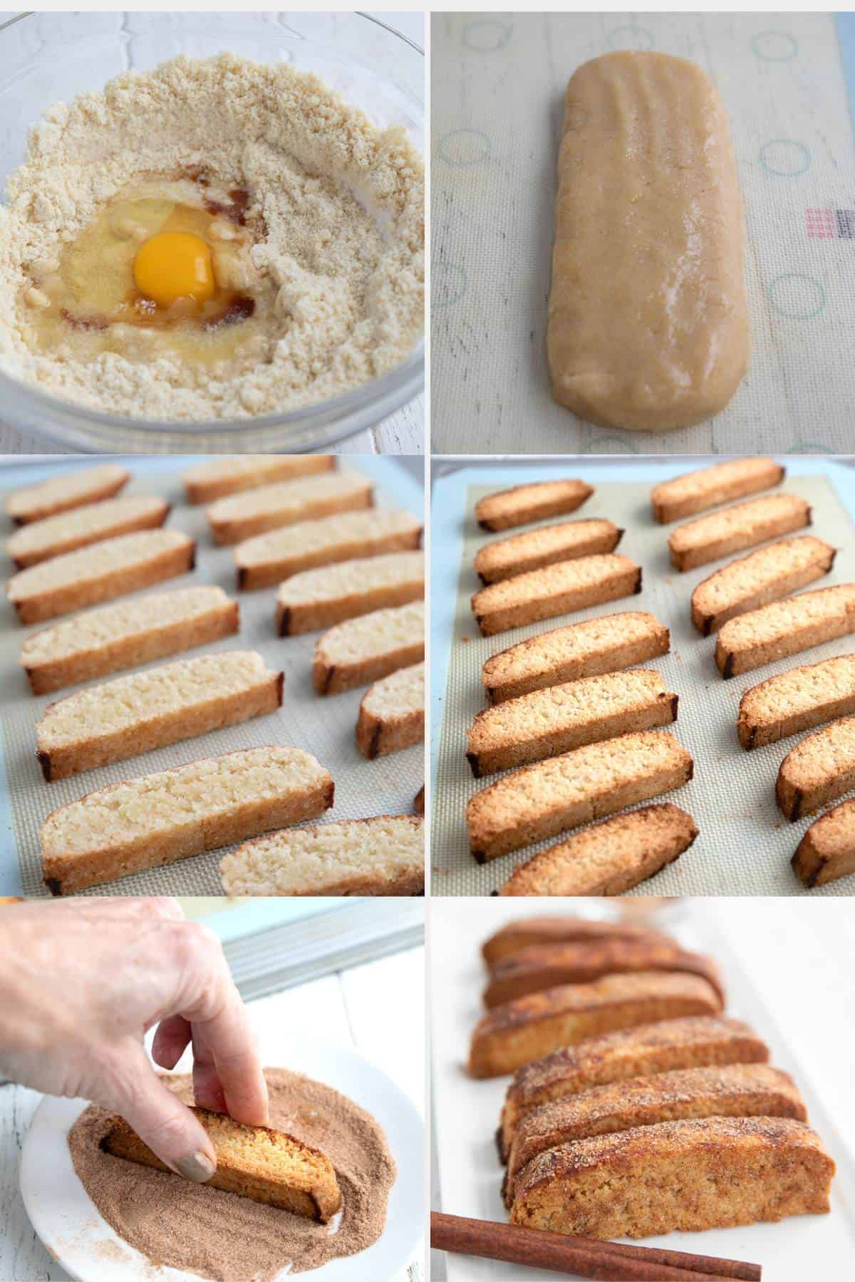 A collage of 6 images showing how to make Keto Biscotti.