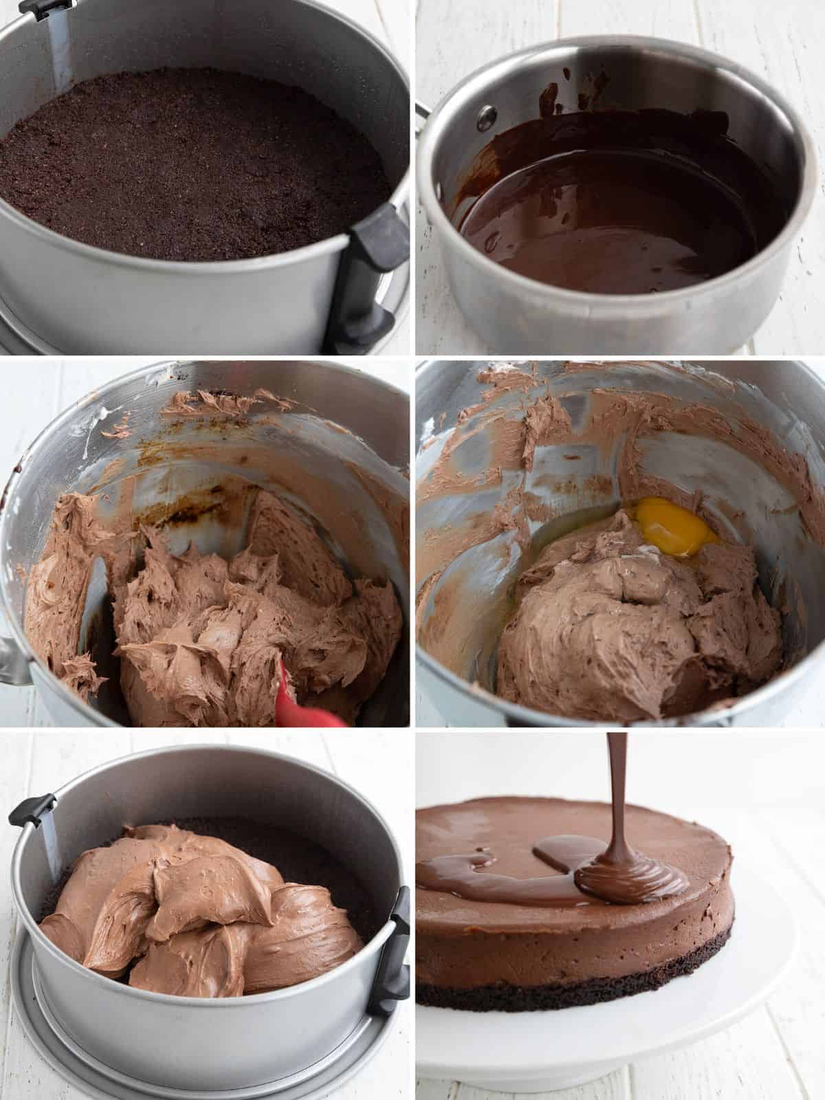 A collage of 6 images showing how to make Keto Chocolate Cheesecake.