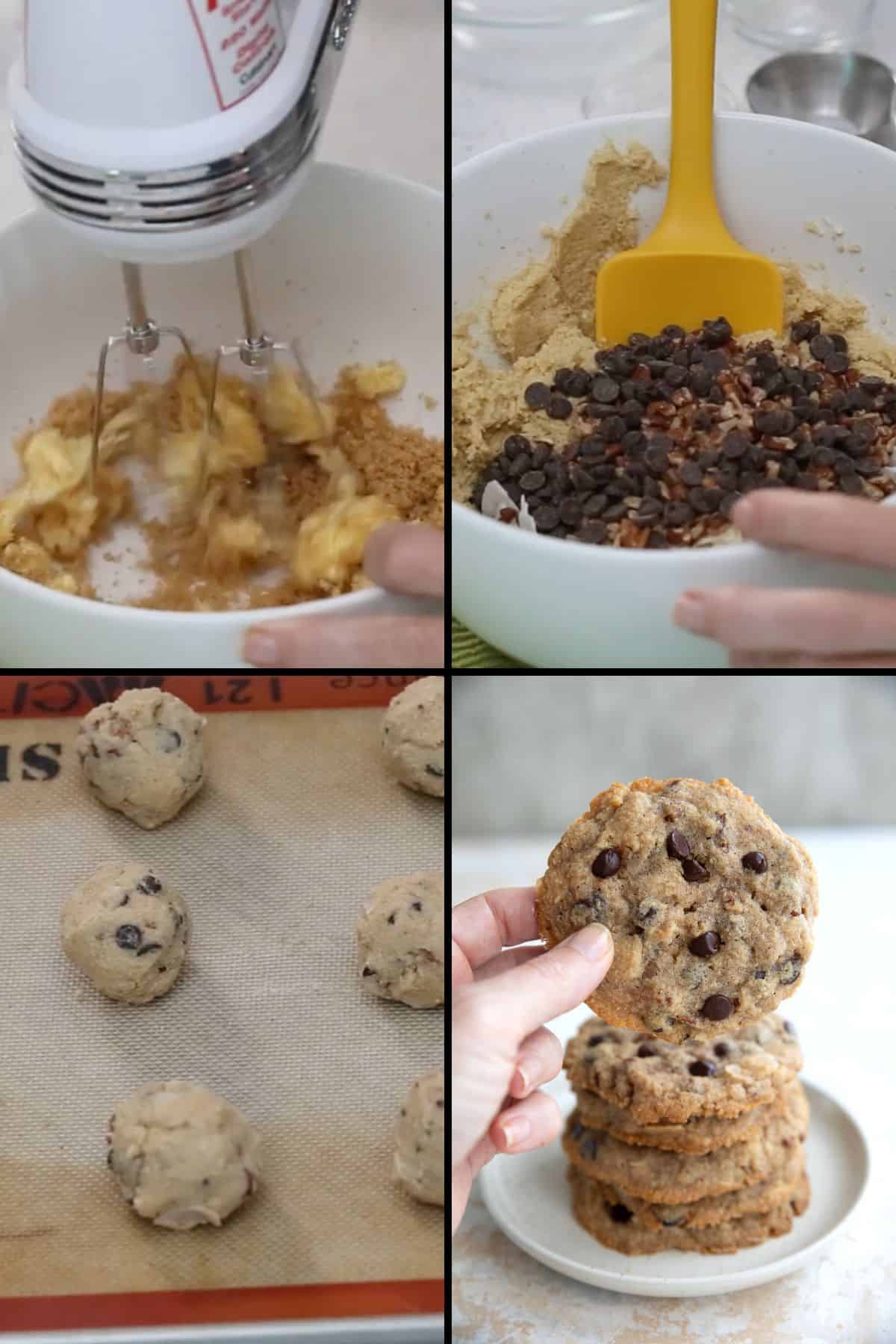 A collage of 4 images showing how to make Keto Cowboy Cookies.