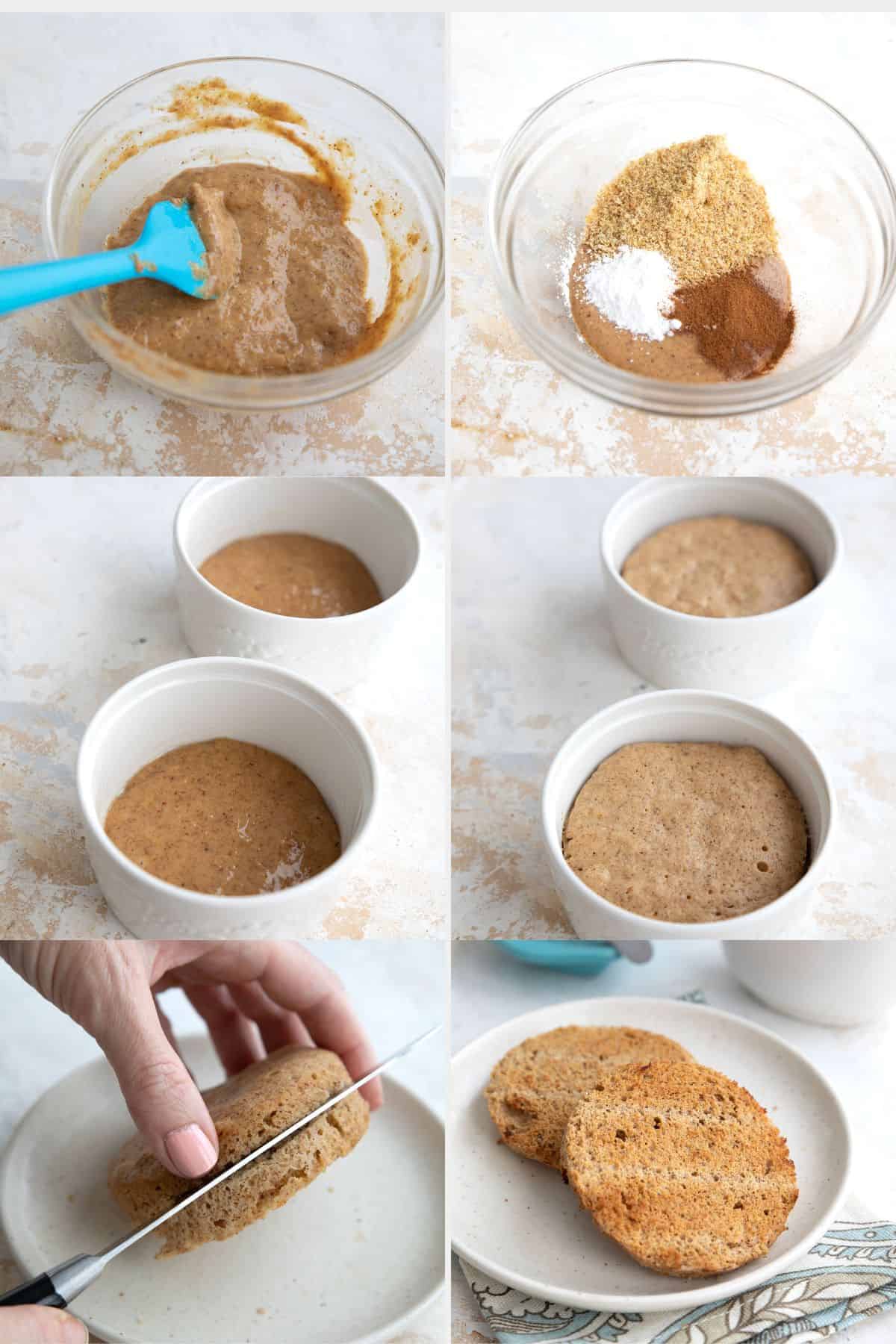 A collage of 6 images showing how to make keto low carb English Muffins.