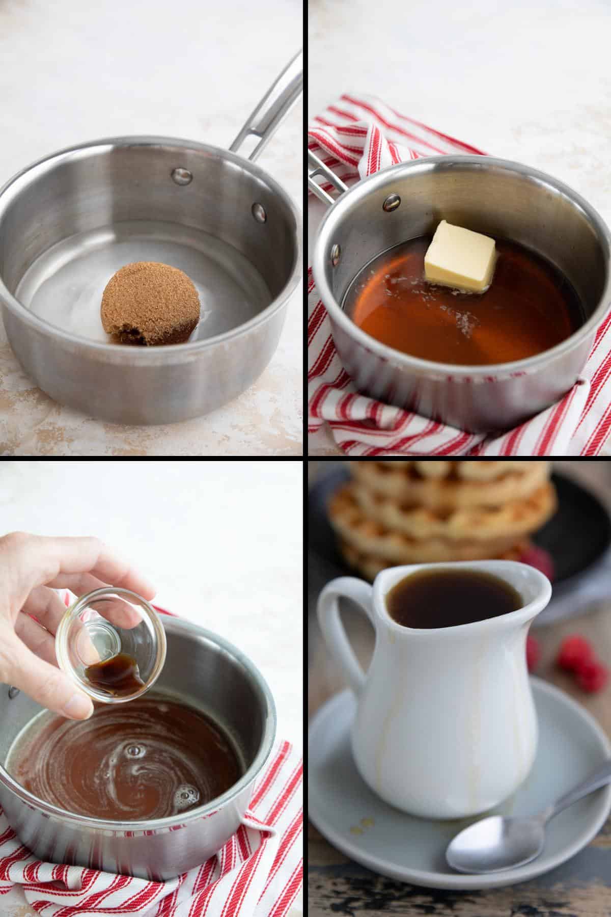 A collage of 4 images showing how to make keto maple syrup.