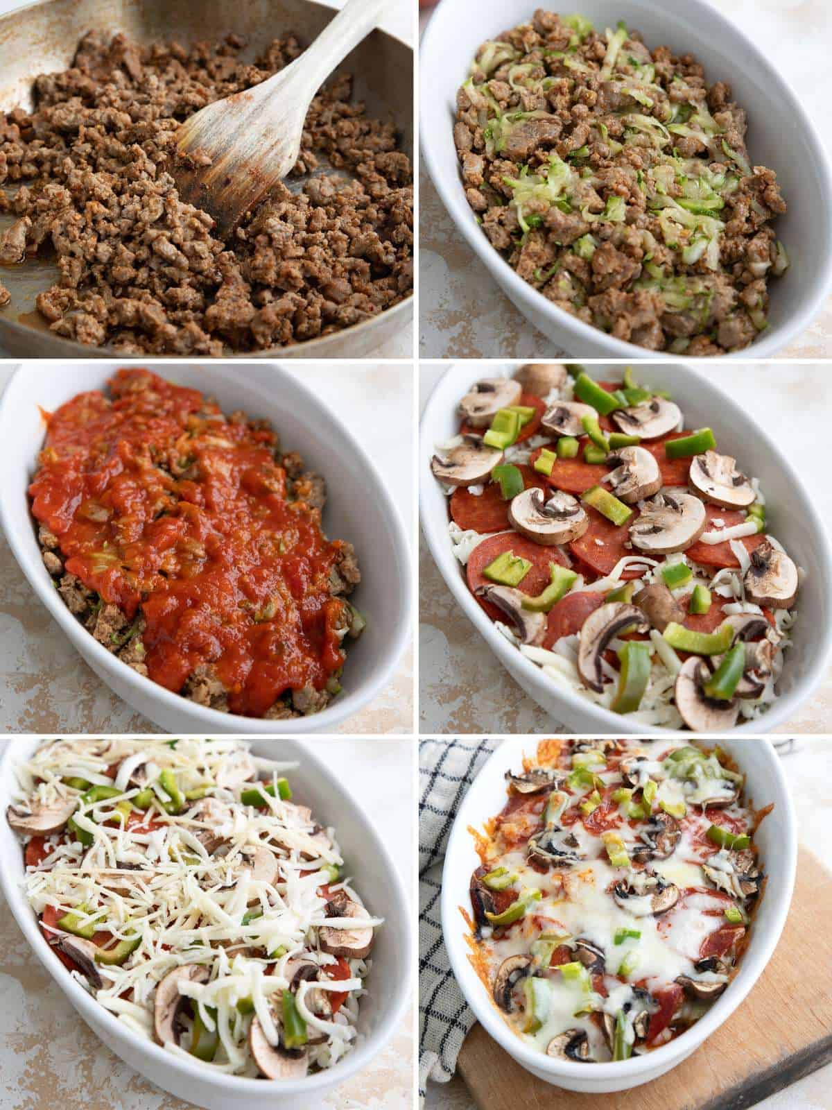 A collage of 6 images showing how to make Keto Pizza Casserole.