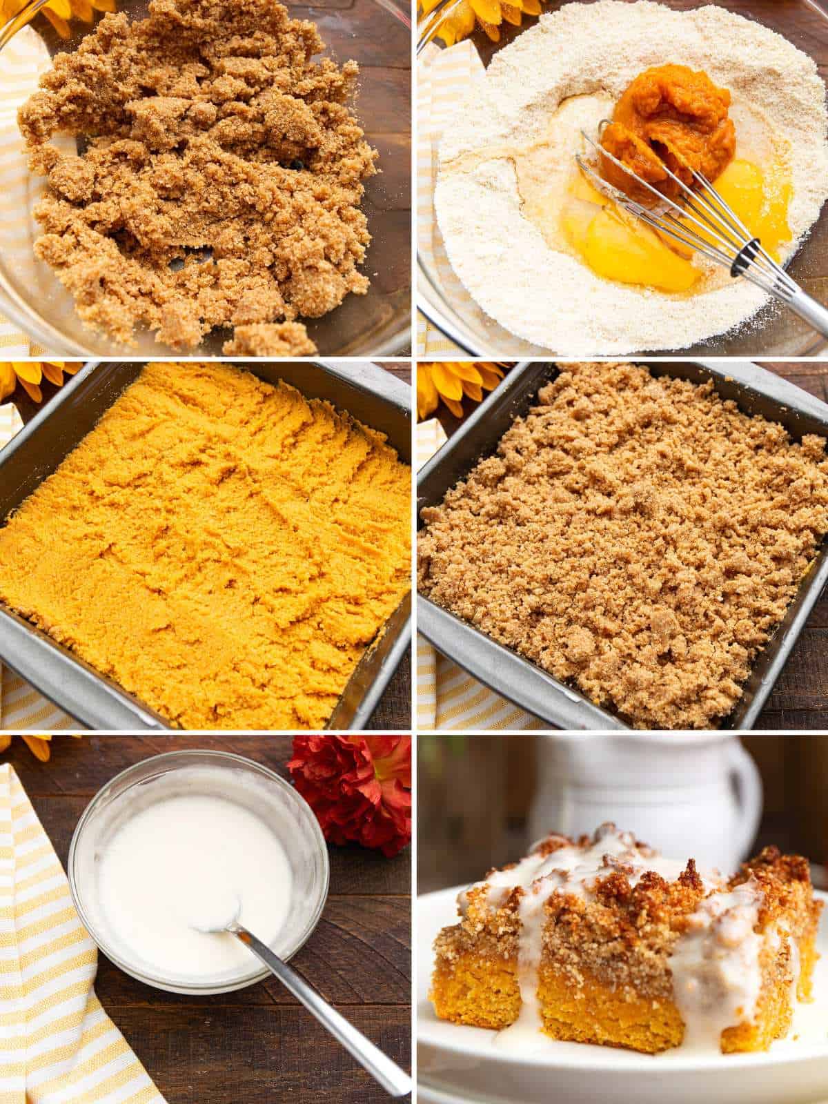 A collage of 6 images showing how to make Keto Pumpkin Crumb Cake.