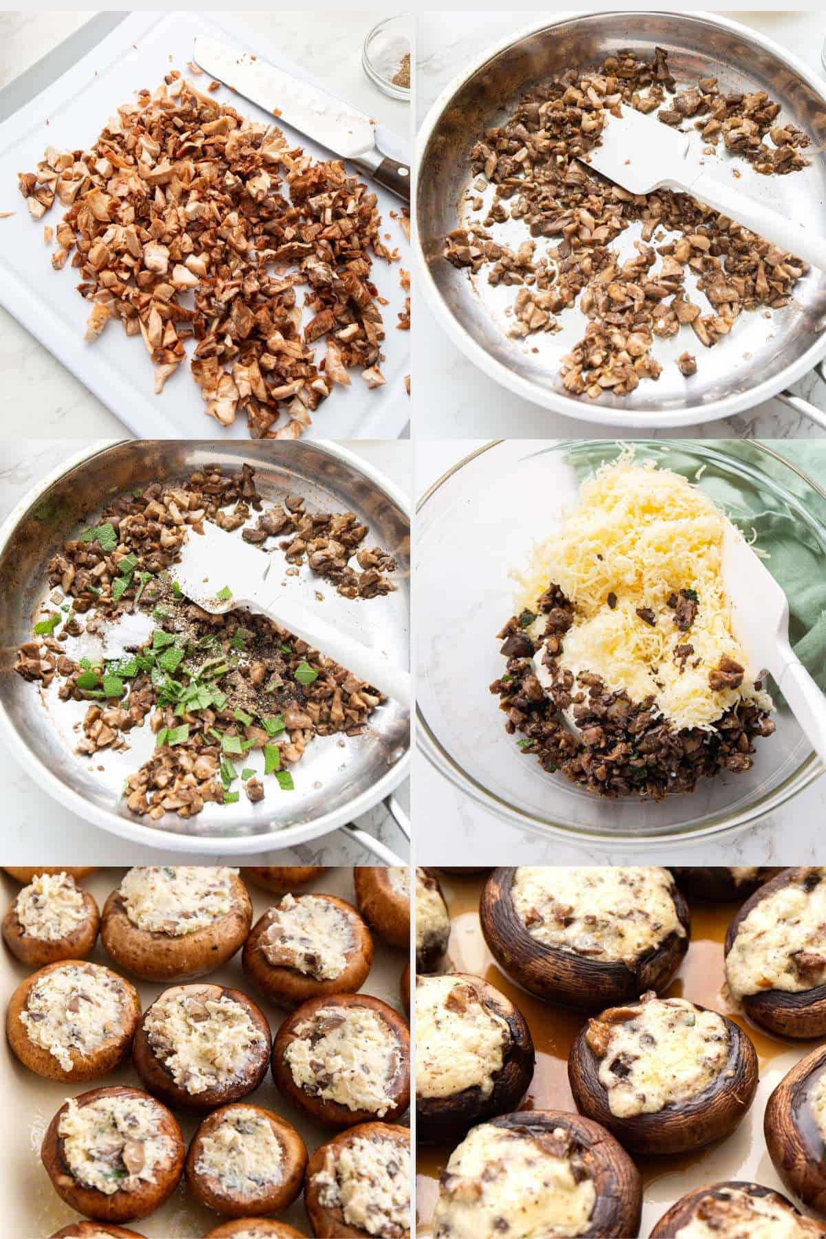 A collage of 6 images showing how to make Keto Stuffed Mushrooms.