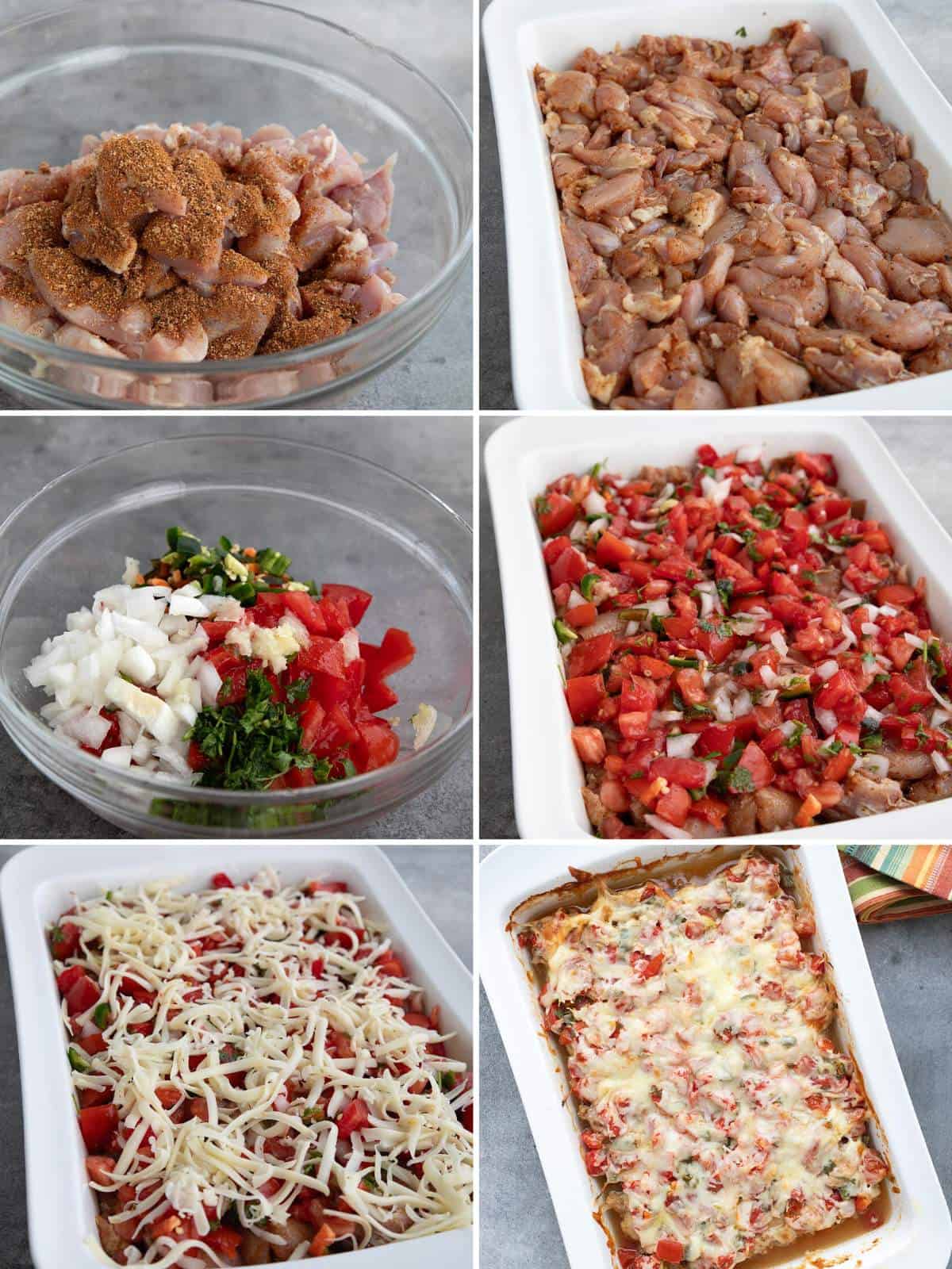 A collage of 6 images showing how to make Salsa Fresca Chicken Bake.