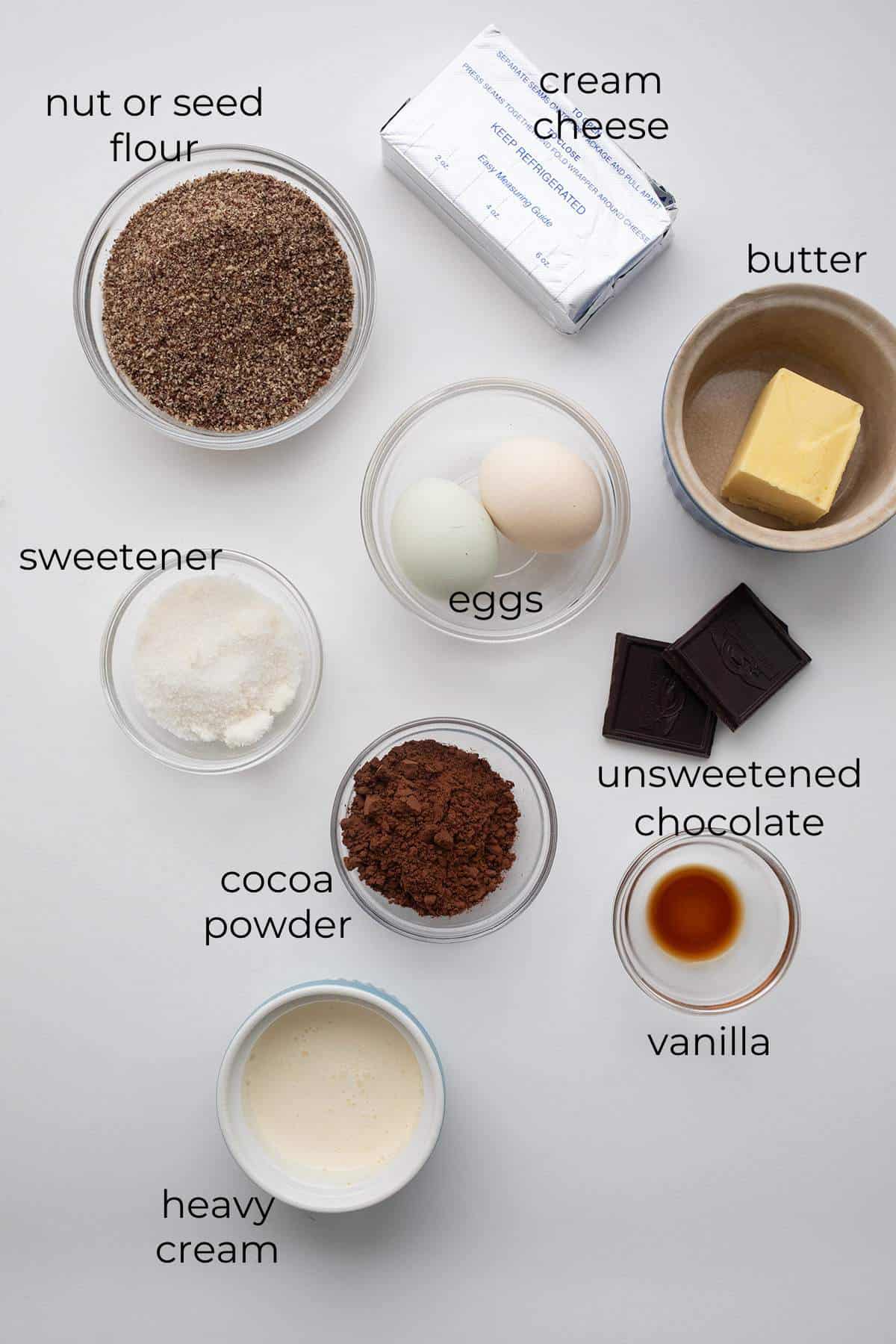 Top down image of ingredients needed for Keto Chocolate Cheesecake.