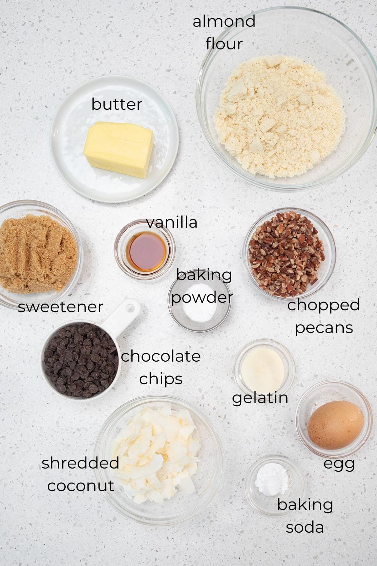 Top down image of ingredients needed for Keto Cowboy Cookies.