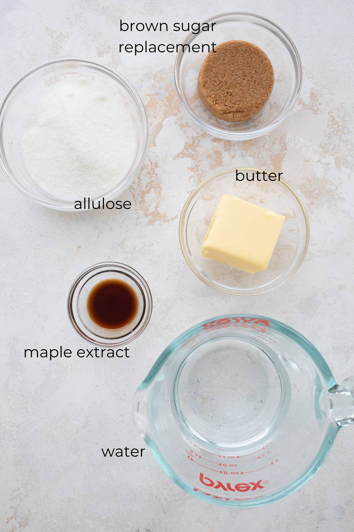 Top down image of the ingredients for keto maple syrup.