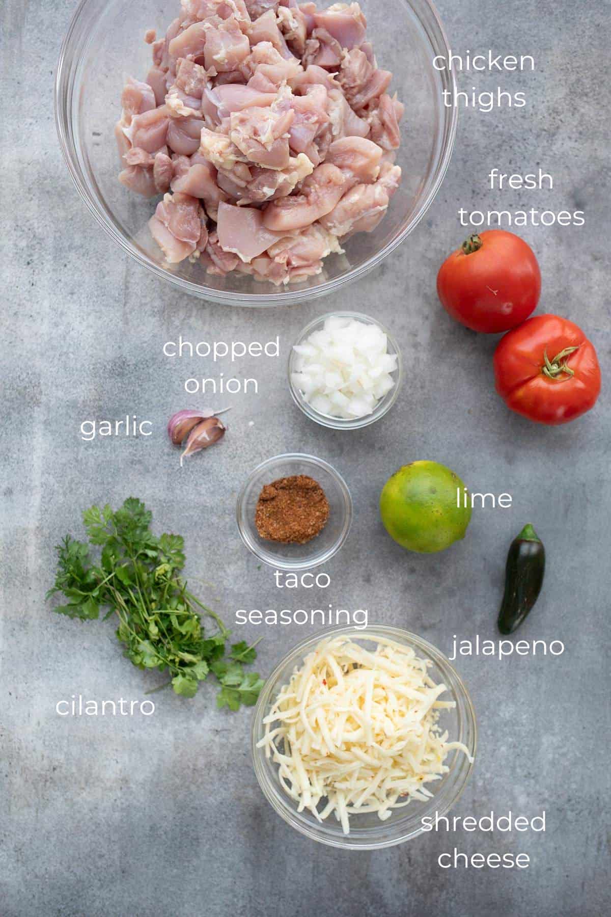 Top down image of ingredients needed for Salsa Fresca Chicken Bake.
