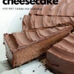 Titled Pinterest image of a slice of keto chocolate cheesecake being pulled away from the rest of the cake.