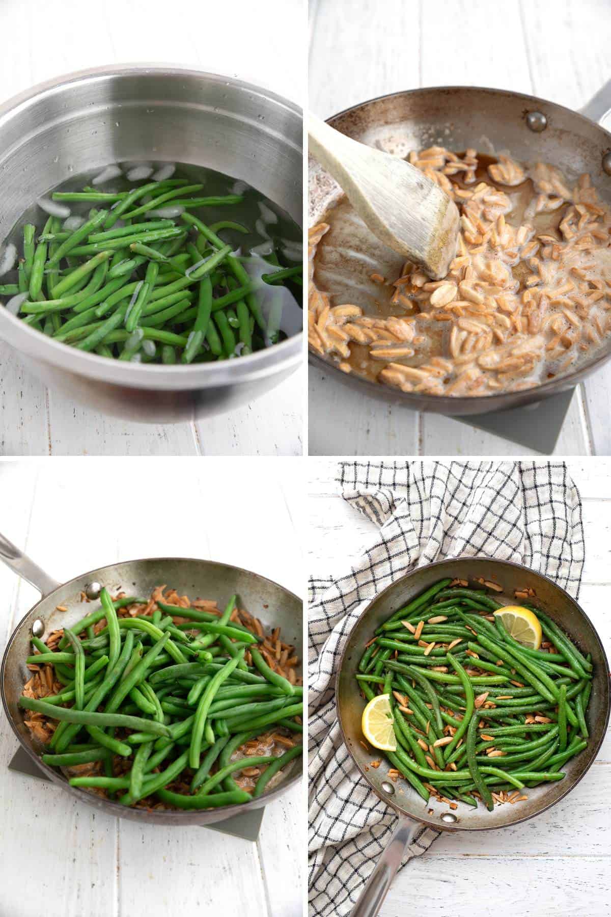 A collage of four images showing how to make Green Beans Almondine.