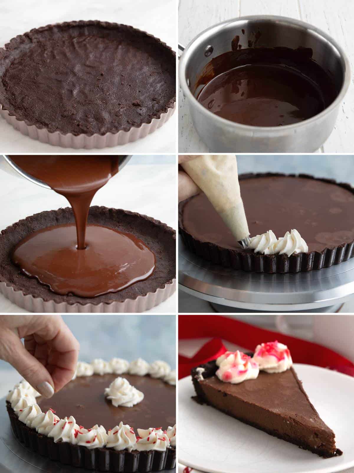 A collage of 6 images showing how to make Keto Peppermint Truffle Tart.