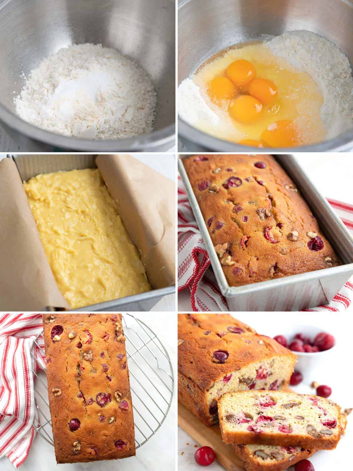 A collage of 6 images showing how to make Keto Cranberry Orange Bread.