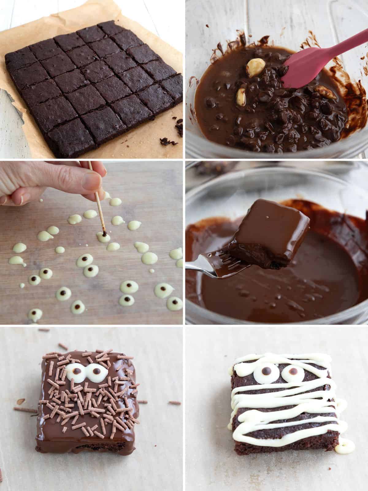 A collage of 6 images showing how to decorate keto brownies for Halloween.