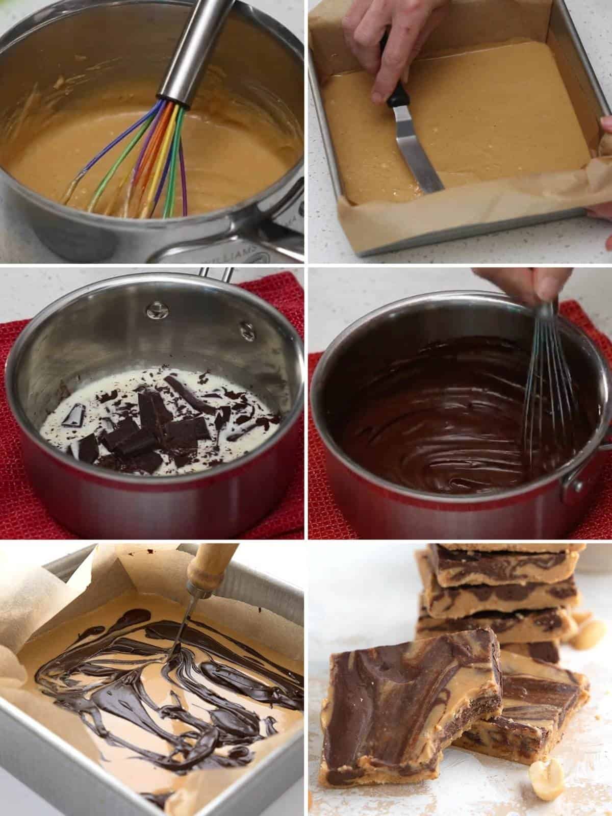 A collage of 6 images showing the steps for making keto tiger butter.