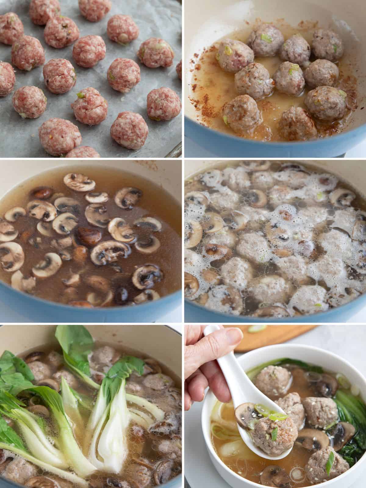 A collage of 6 images showing how to make Keto Wonton Soup.