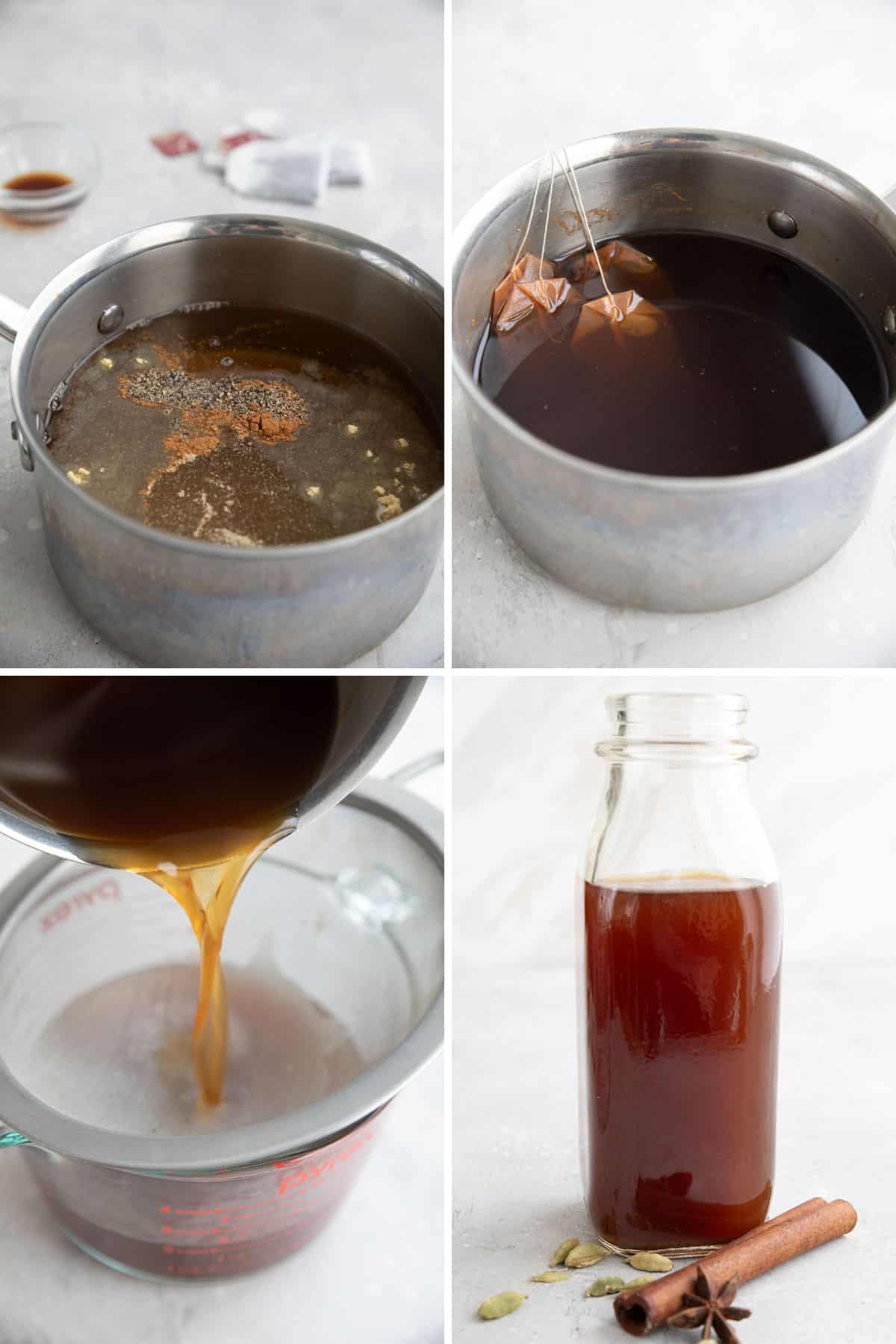 A collage of 4 images showing how to make Sugar Free Chai Concentrate.