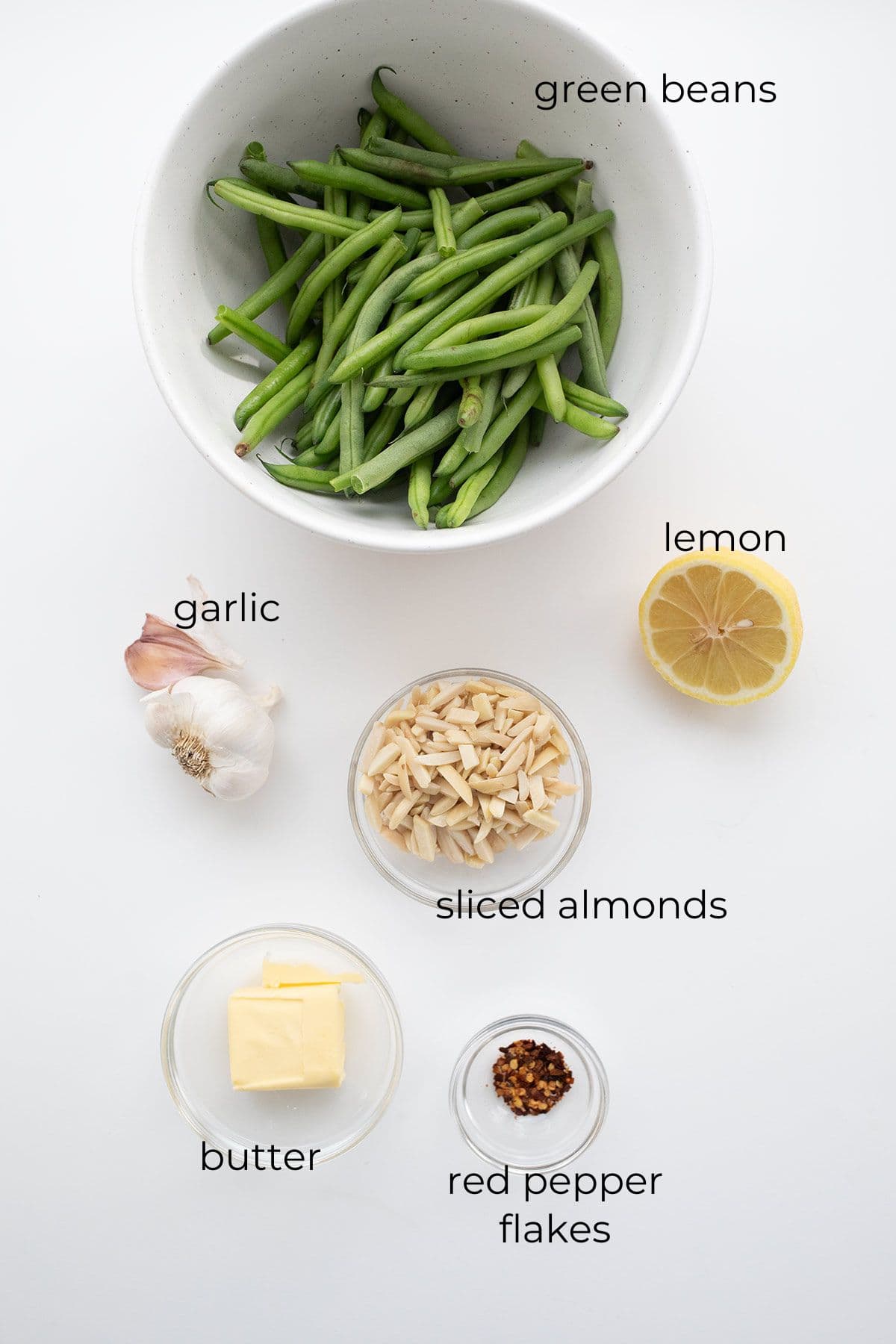 Top down image of ingredients for Green Beans Almondine.