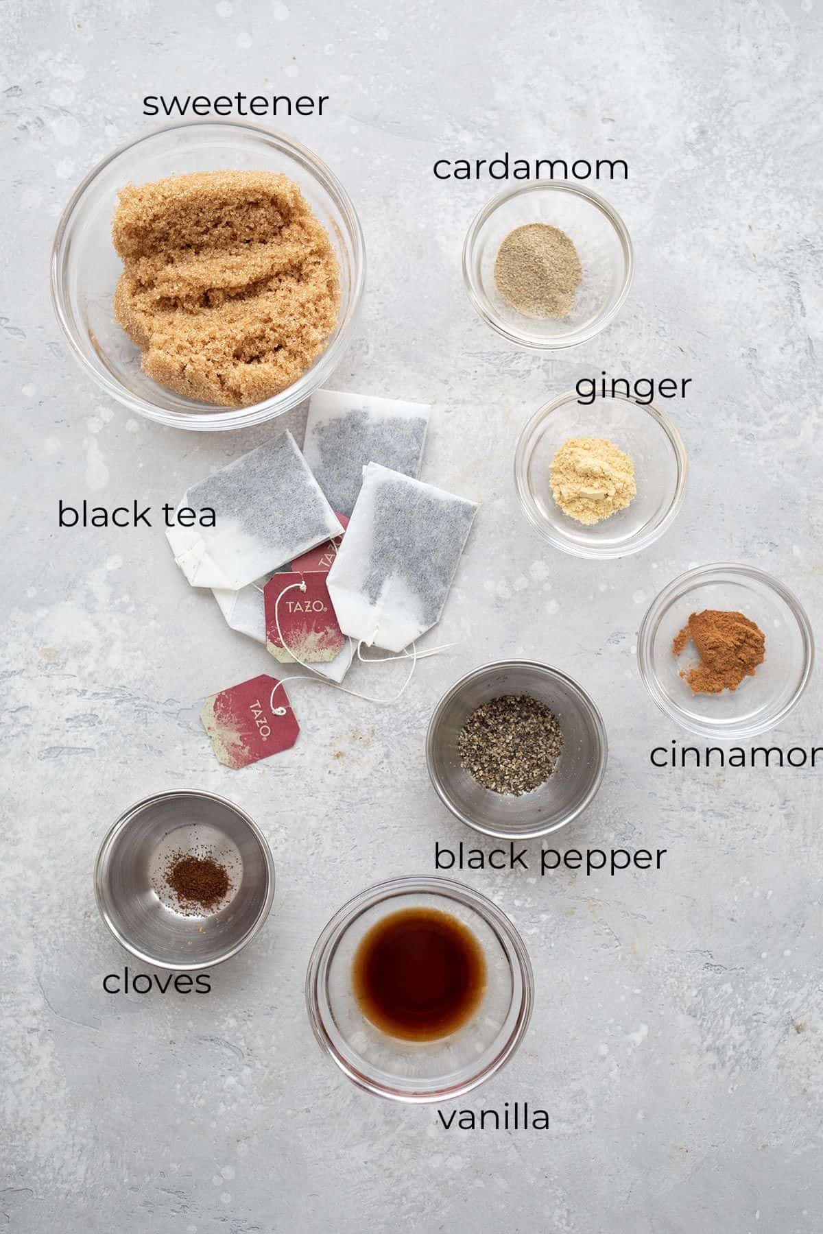 Top down image of ingredients needed for Sugar Free Chai Concentrate.