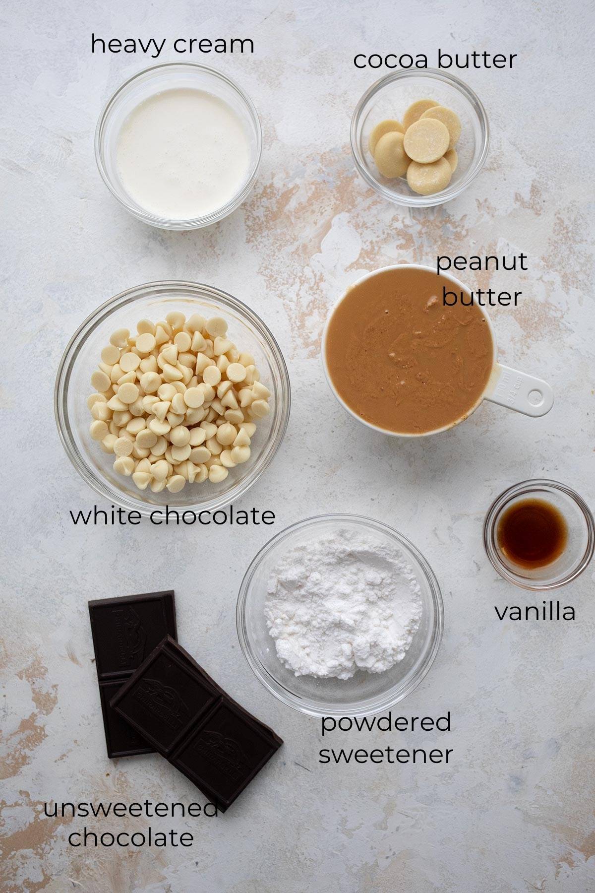 Top down image of ingredients needed to make Keto Tiger Butter candy.