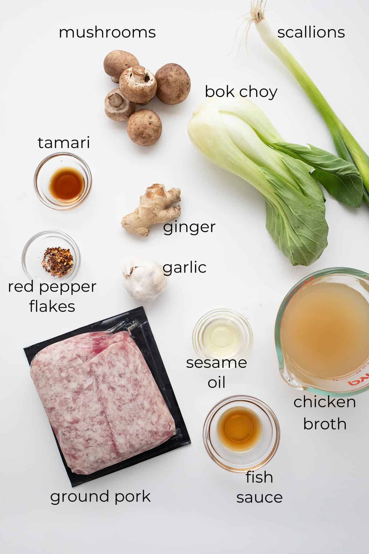 Top down image of ingredients needed for Keto Wonton Soup.