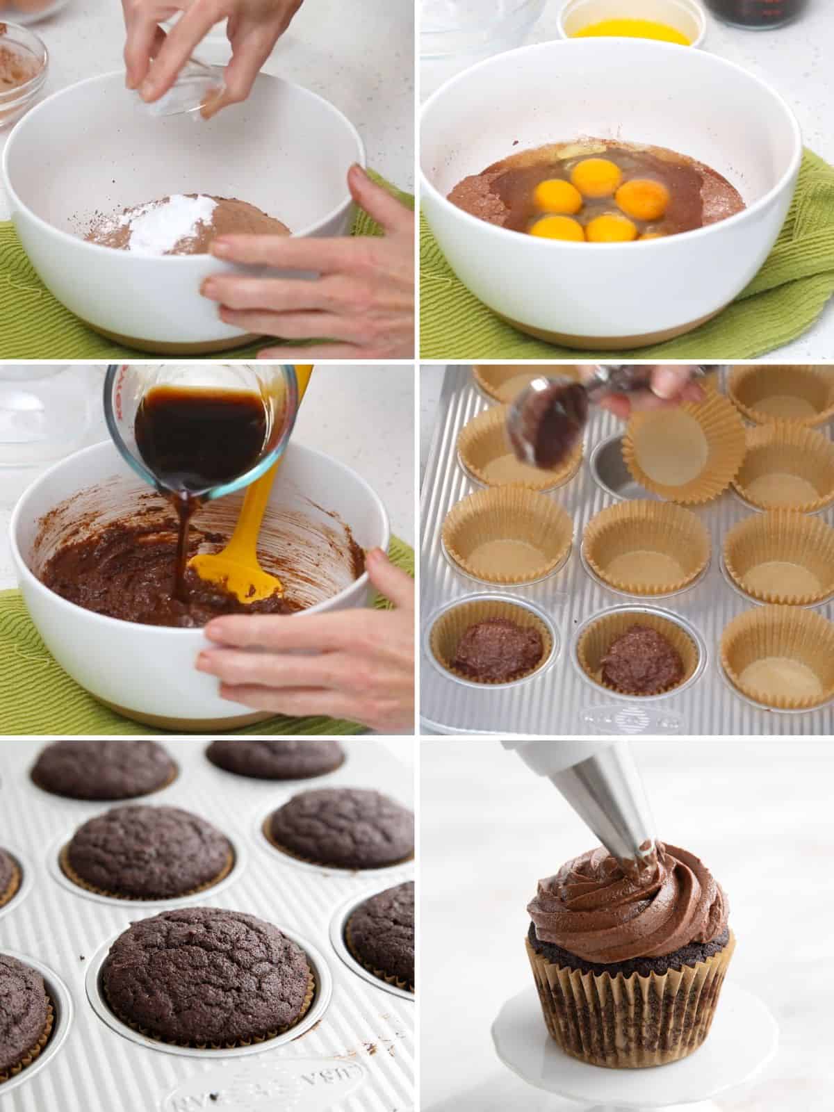 A collage of 6 images showing how to make keto cupcakes.