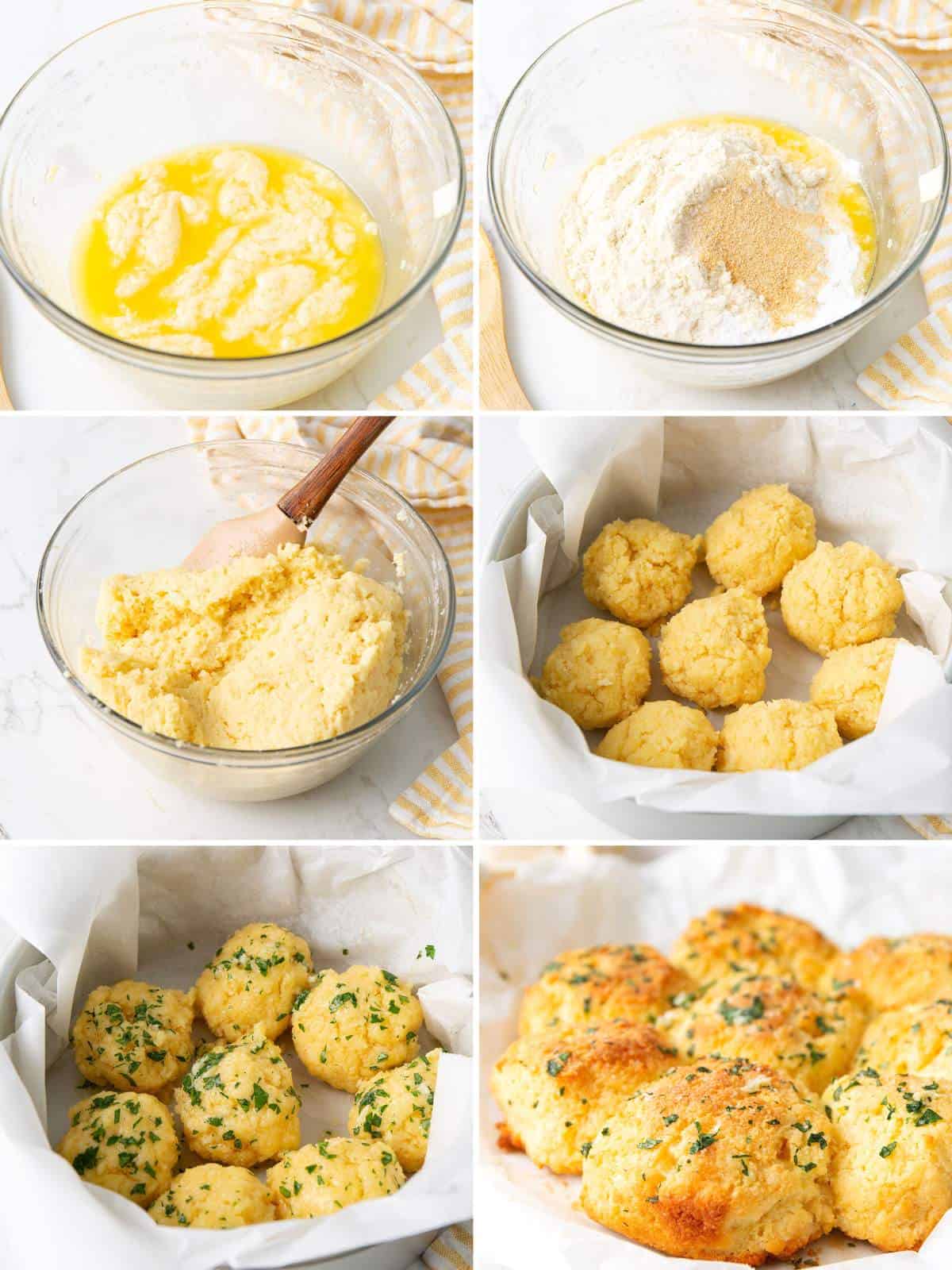 A collage of 6 images showing how to make keto rolls.