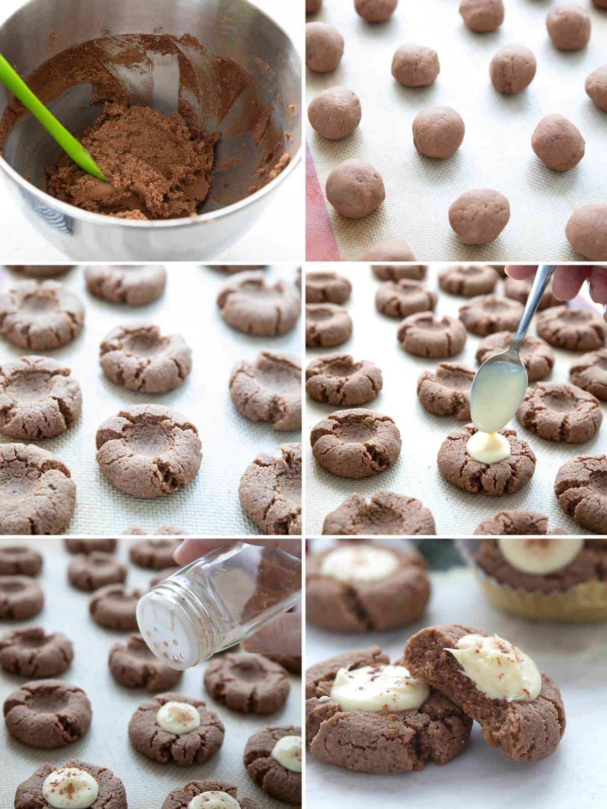 A collage of 6 images showing how to make Keto Gingerbread Thumbprint Cookies.