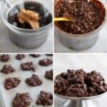 A collage of 4 photos to show how to make Keto Peanut Clusters.