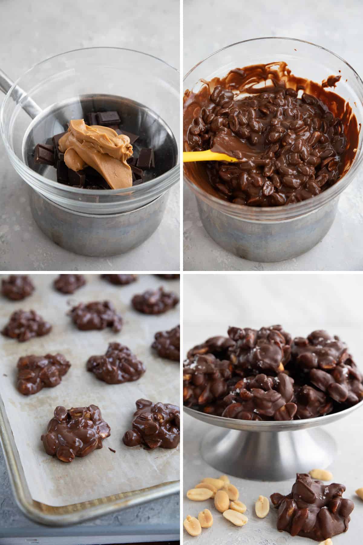 A collage of 4 photos to show how to make Keto Peanut Clusters.