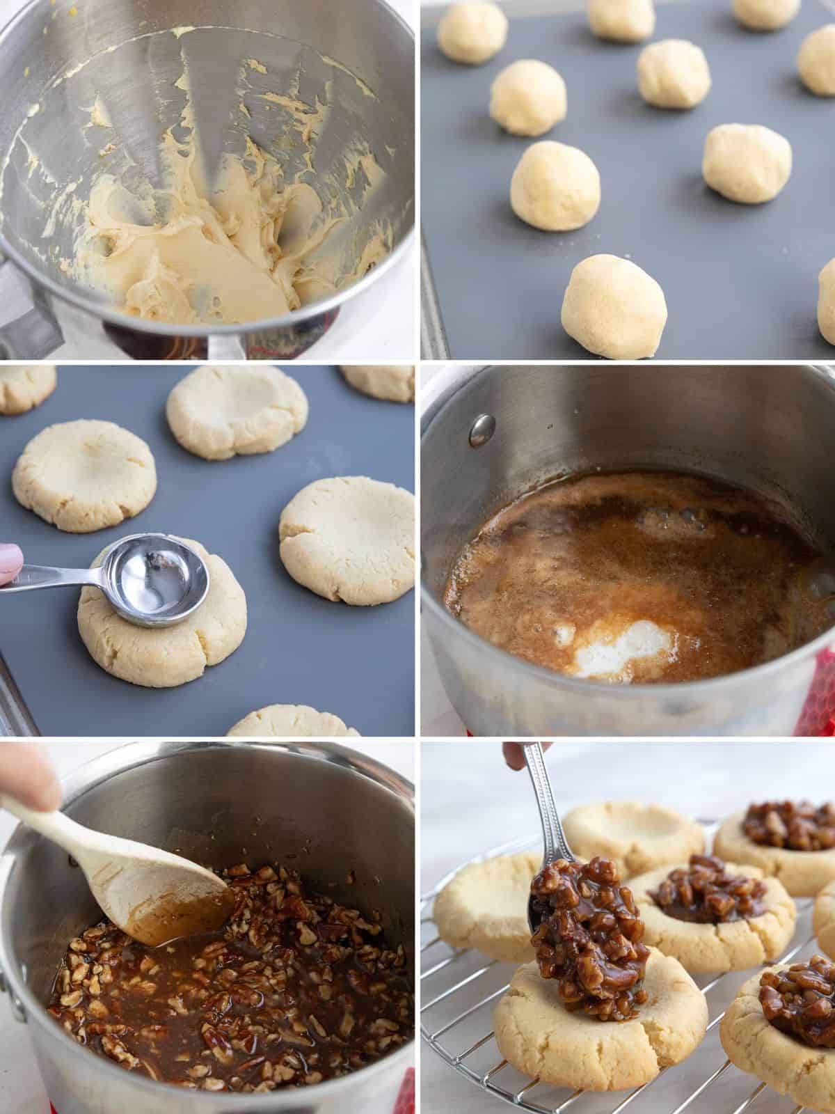 A collage of 6 images showing how to make Keto Pecan Pie Cookies.