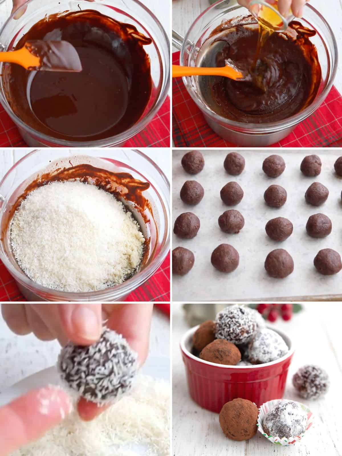 A collage of 6 images showing how to make keto rum balls.