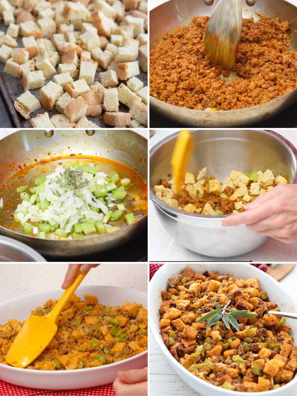 A collage of 6 images showing the steps for making Keto Stuffing.