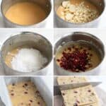 A collage of 6 images showing how to make Keto White Chocolate Fudge.