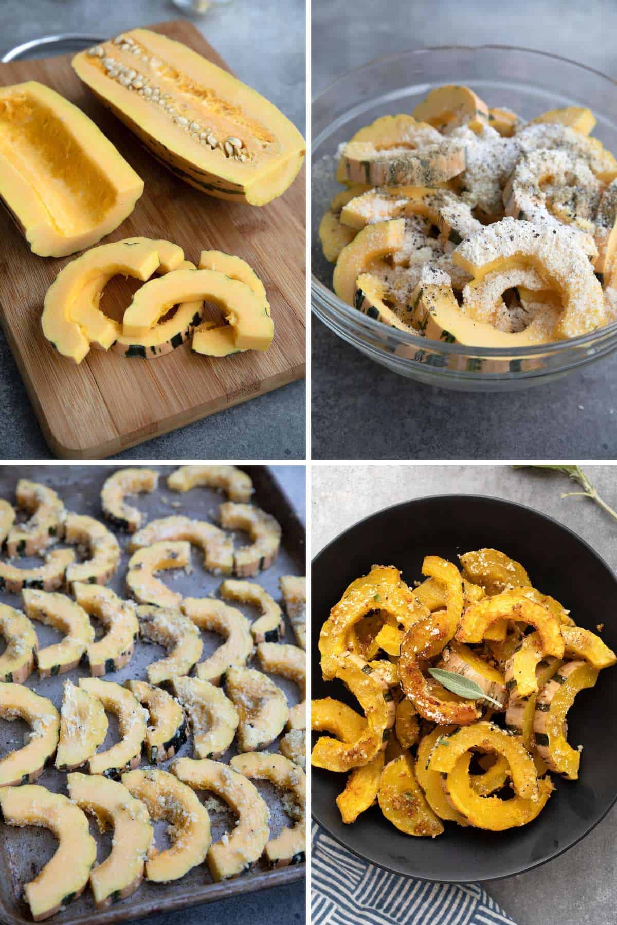 A collage of 4 images showing how to make Roasted Delicata Squash.