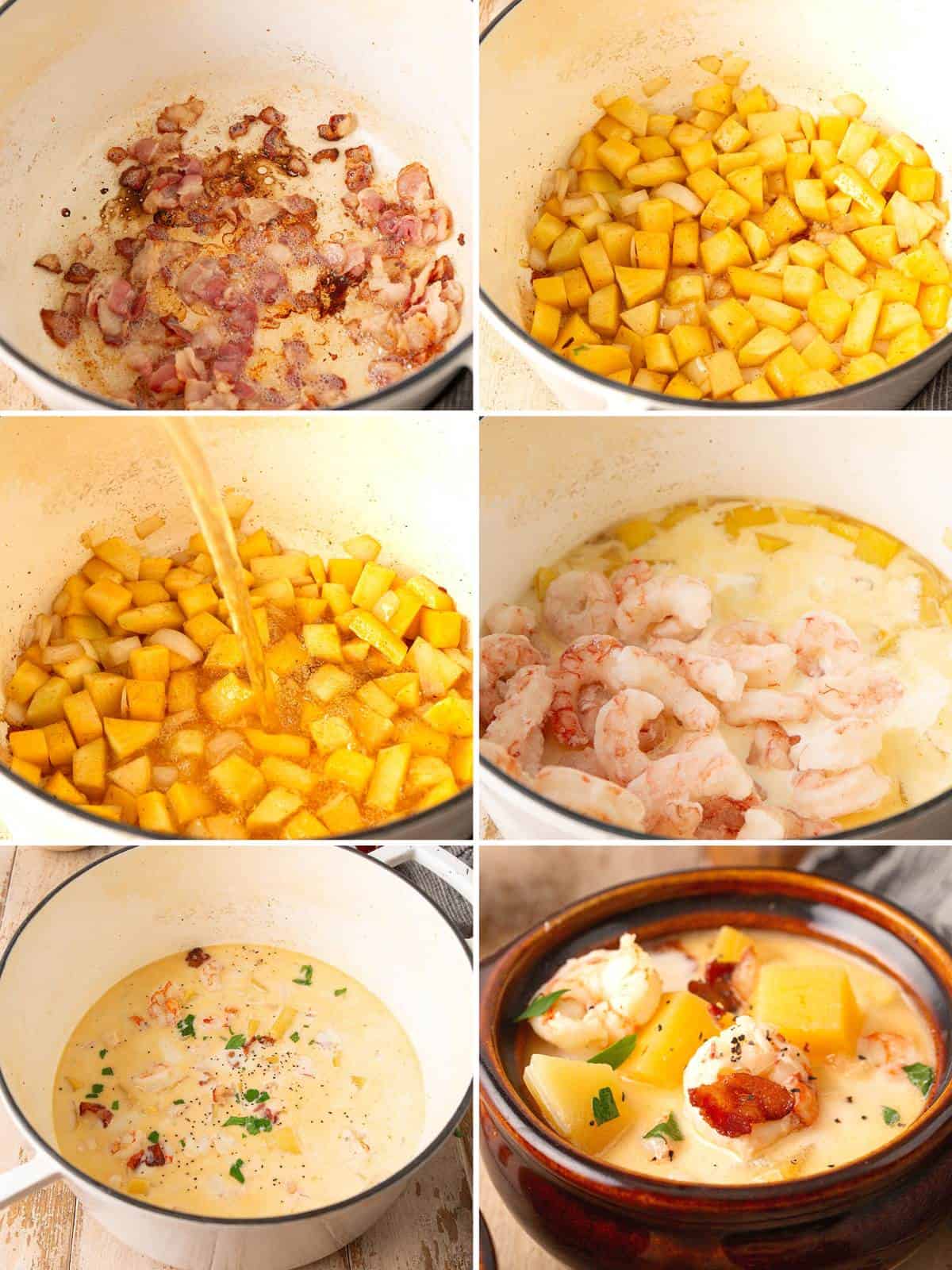 A collage of 6 images showing how to make Shrimp Chowder.