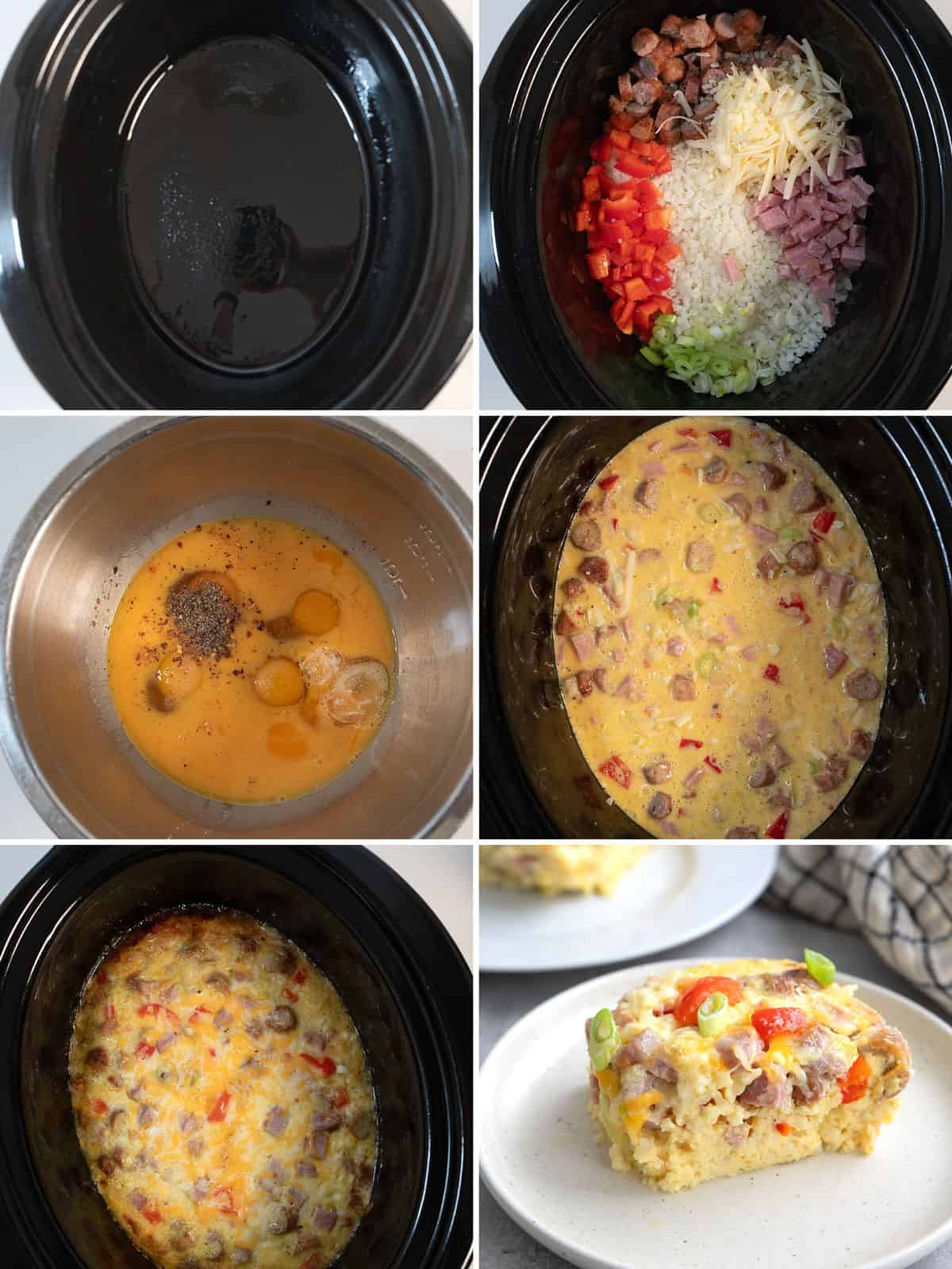 A collage of 6 images showing how to make keto Slow Cooker Breakfast Casserole