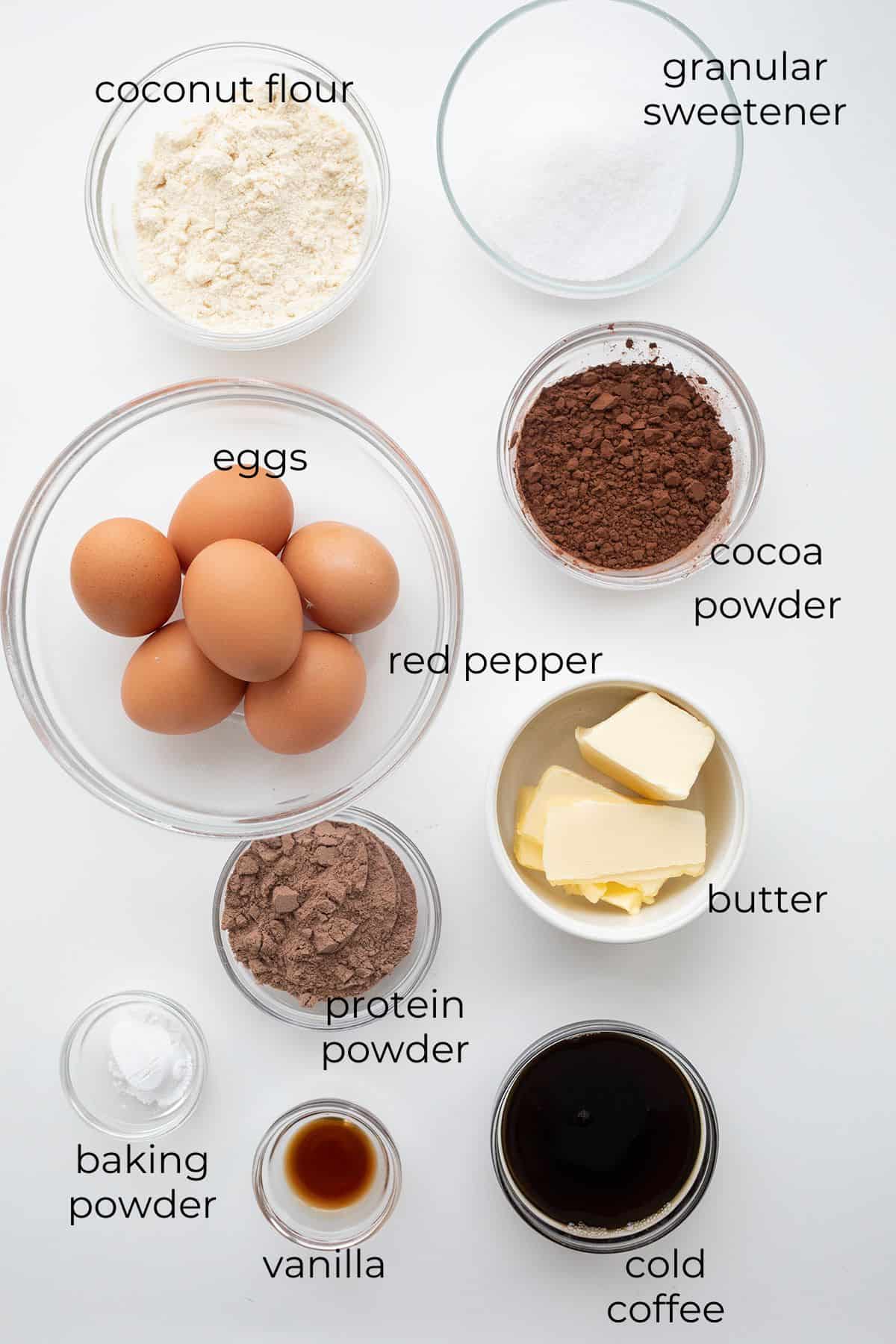 Top down image of ingredients for chocolate keto cupcakes.