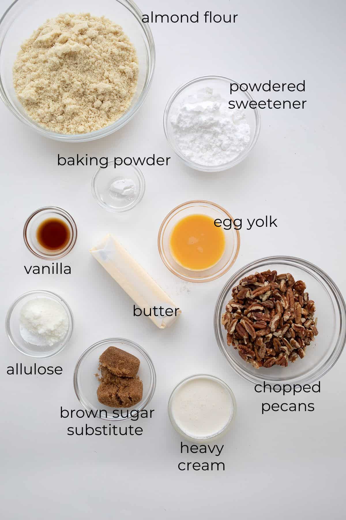 Top down image of ingredients needed for Keto Pecan Pie Cookies.