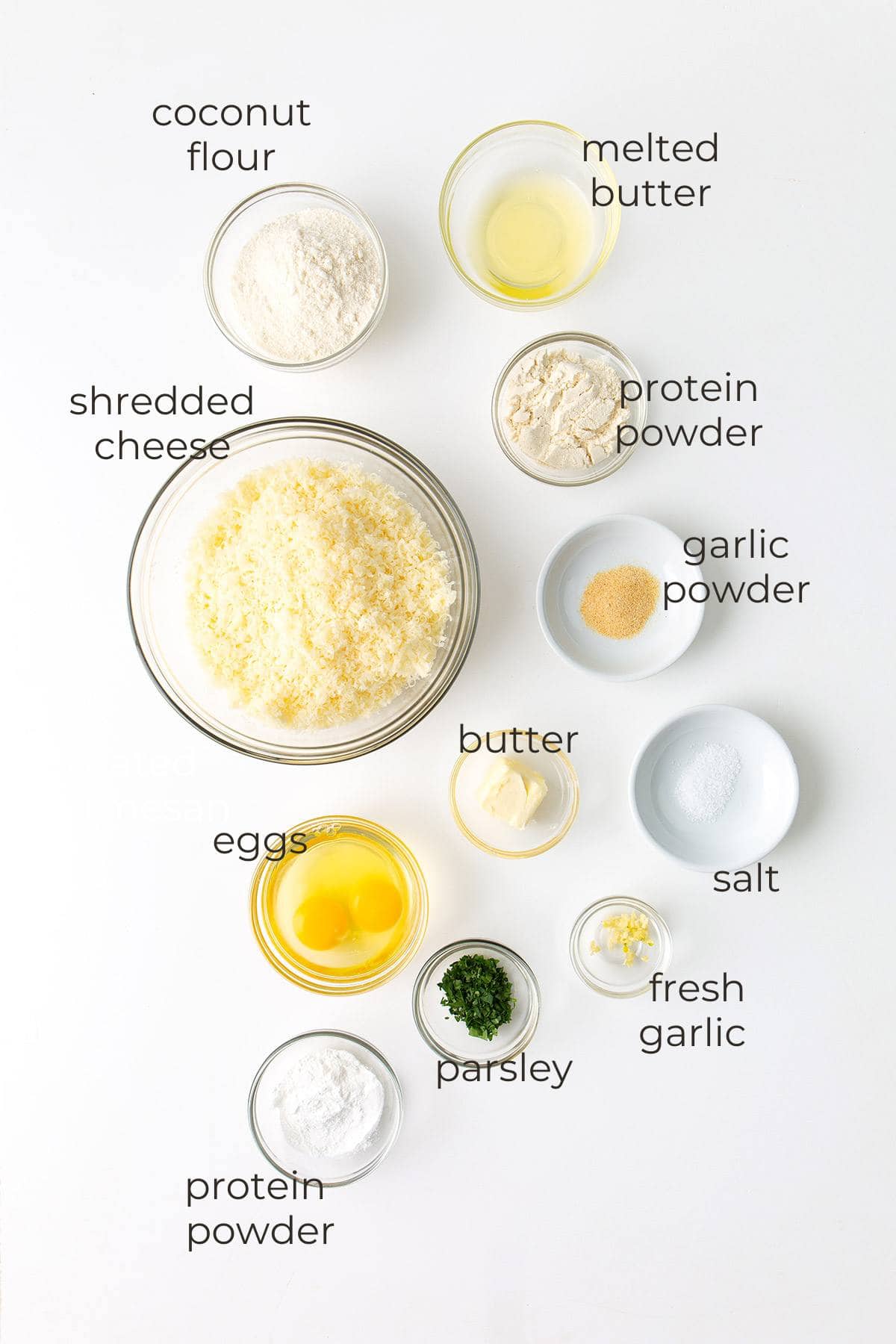 Top down image of ingredients needed for keto dinner rolls.