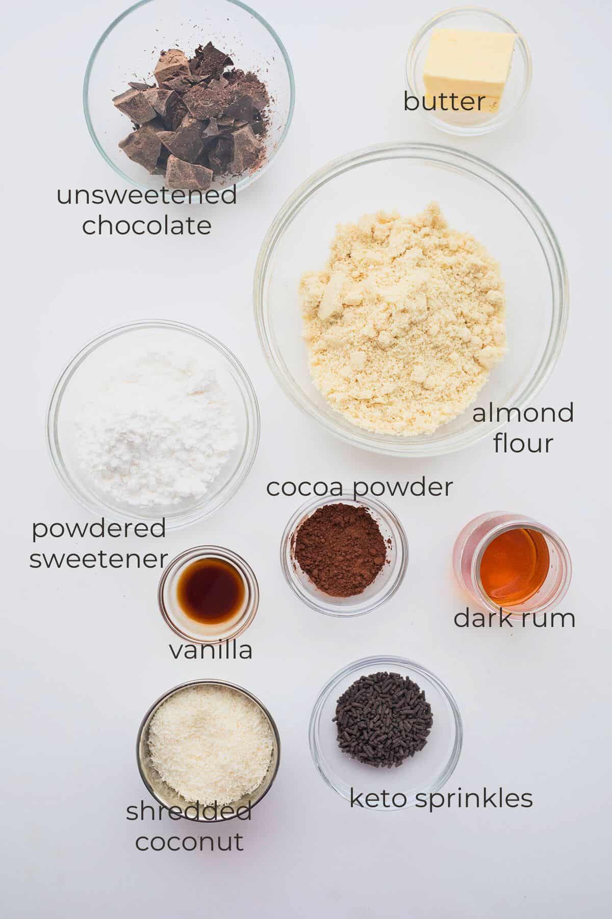 Top down image of ingredients for keto rum balls.