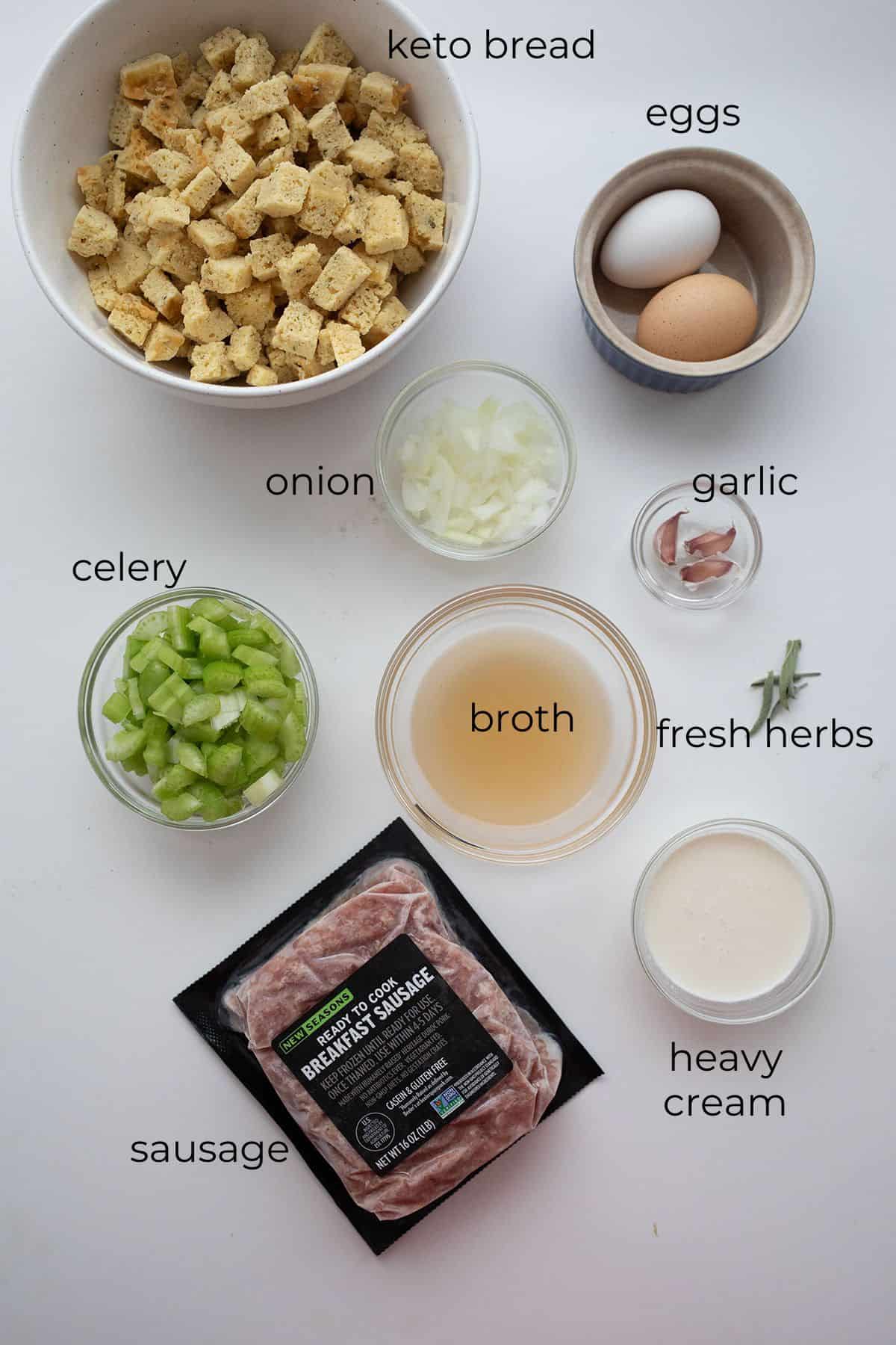 Top down image of ingredients needed for Keto Stuffing.