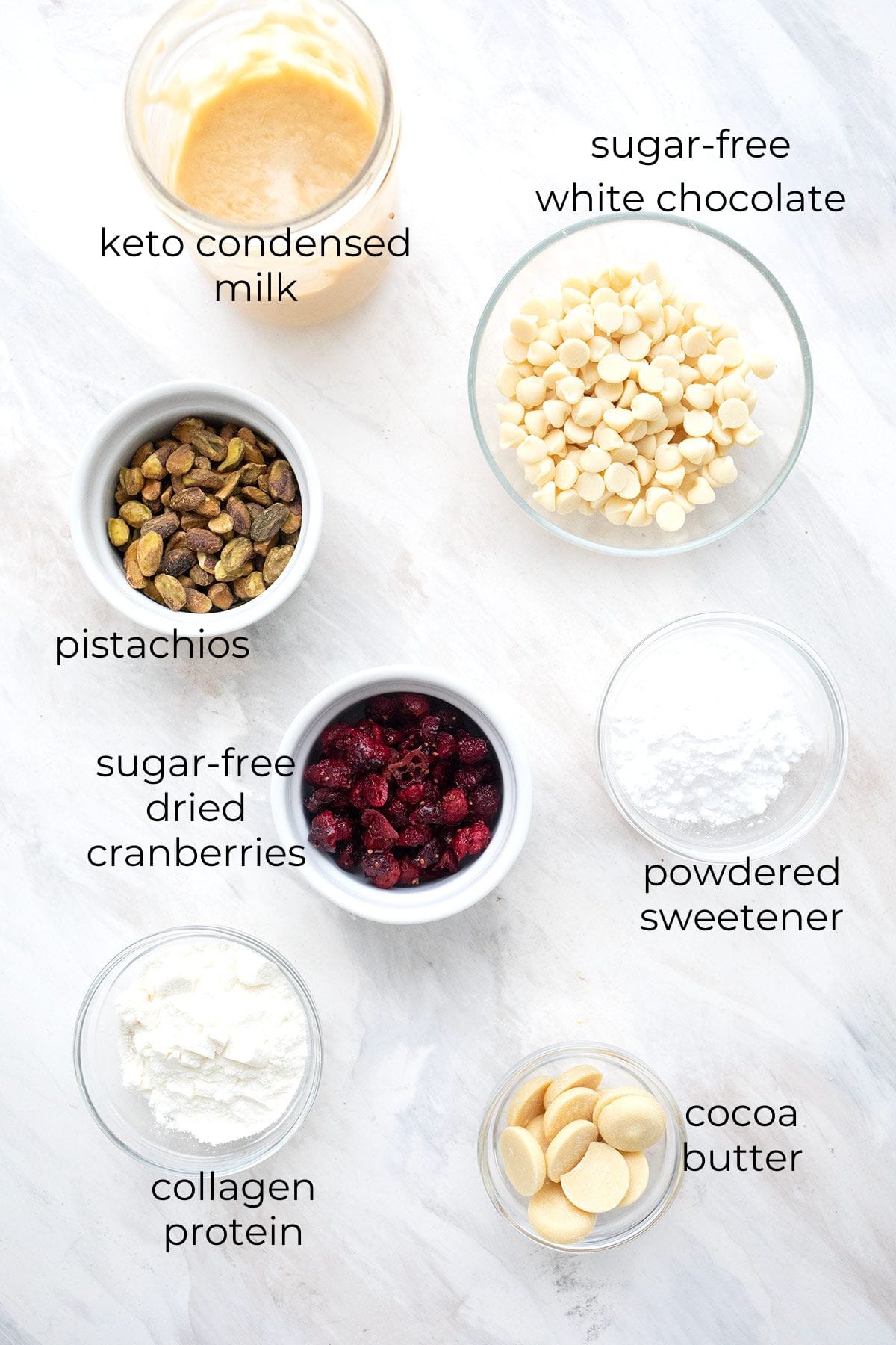 Top down image of ingredients for Keto White Chocolate Fudge.