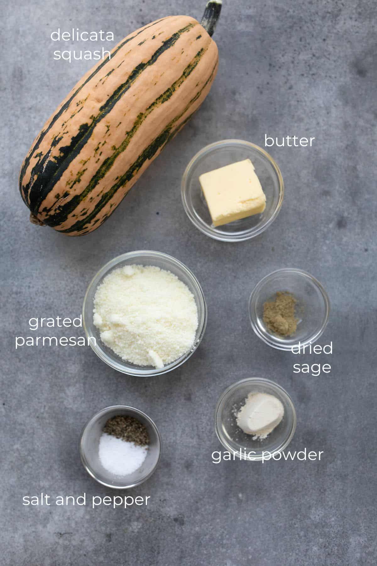 Top down image of ingredients needed for Roasted Delicata Squash.