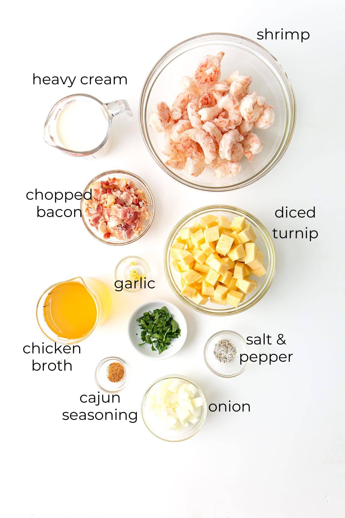 Top down image of ingredients needed for Shrimp Chowder.
