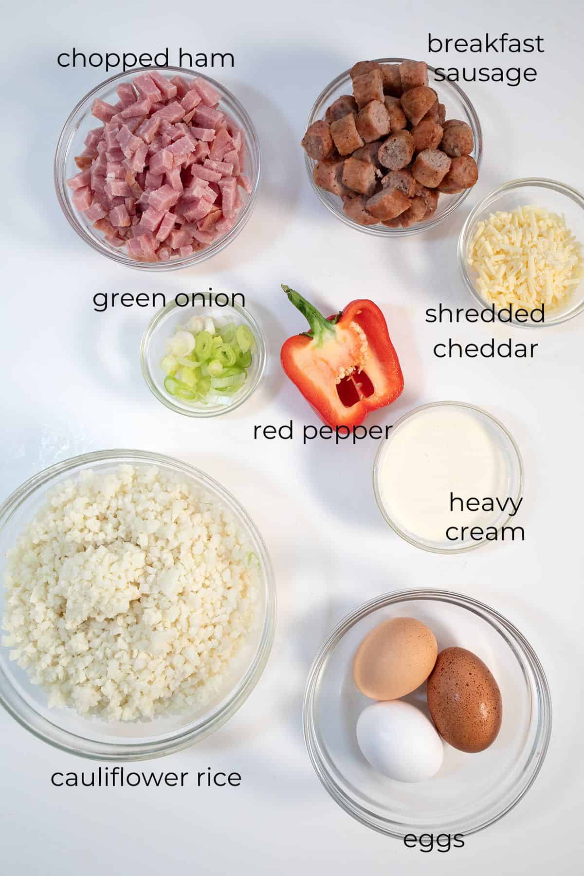 Top down image of ingredients needed for Slow Cooker Breakfast Casserole.