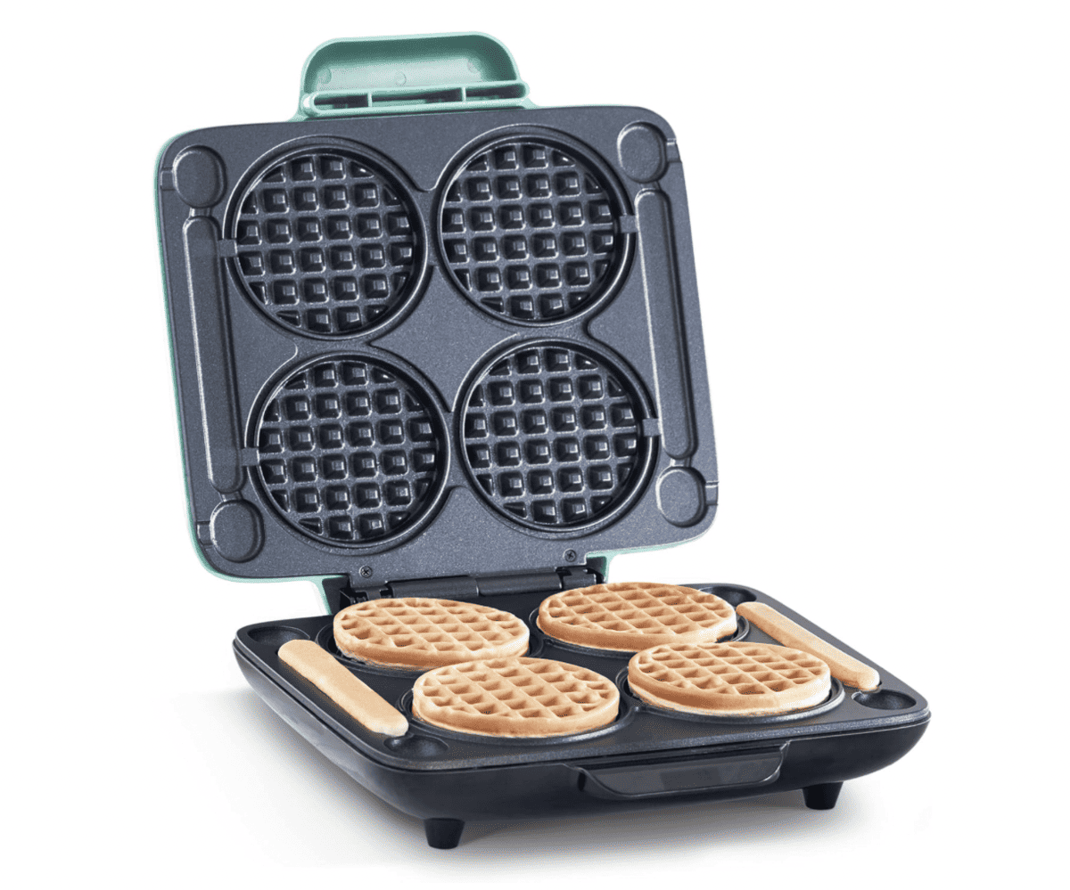 A Dash mini waffle maker that holds 4 waffles.