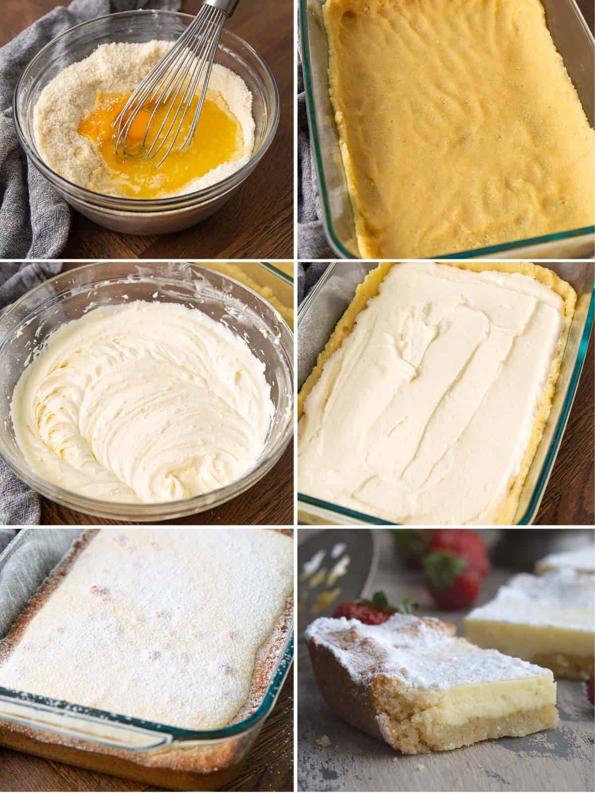Collage of 6 images showing the steps for making Gooey Keto Butter Cake.