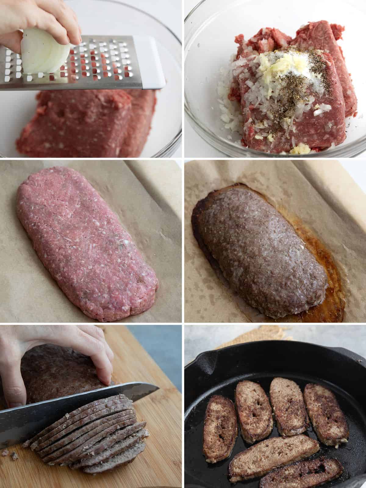 A collage of 6 images showing the steps for making keto gyro meat.